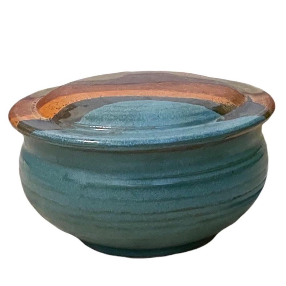 Vintage Handmade Clay Pottery Dish With‎ Lid Signed by Artist BrianTeal Blue